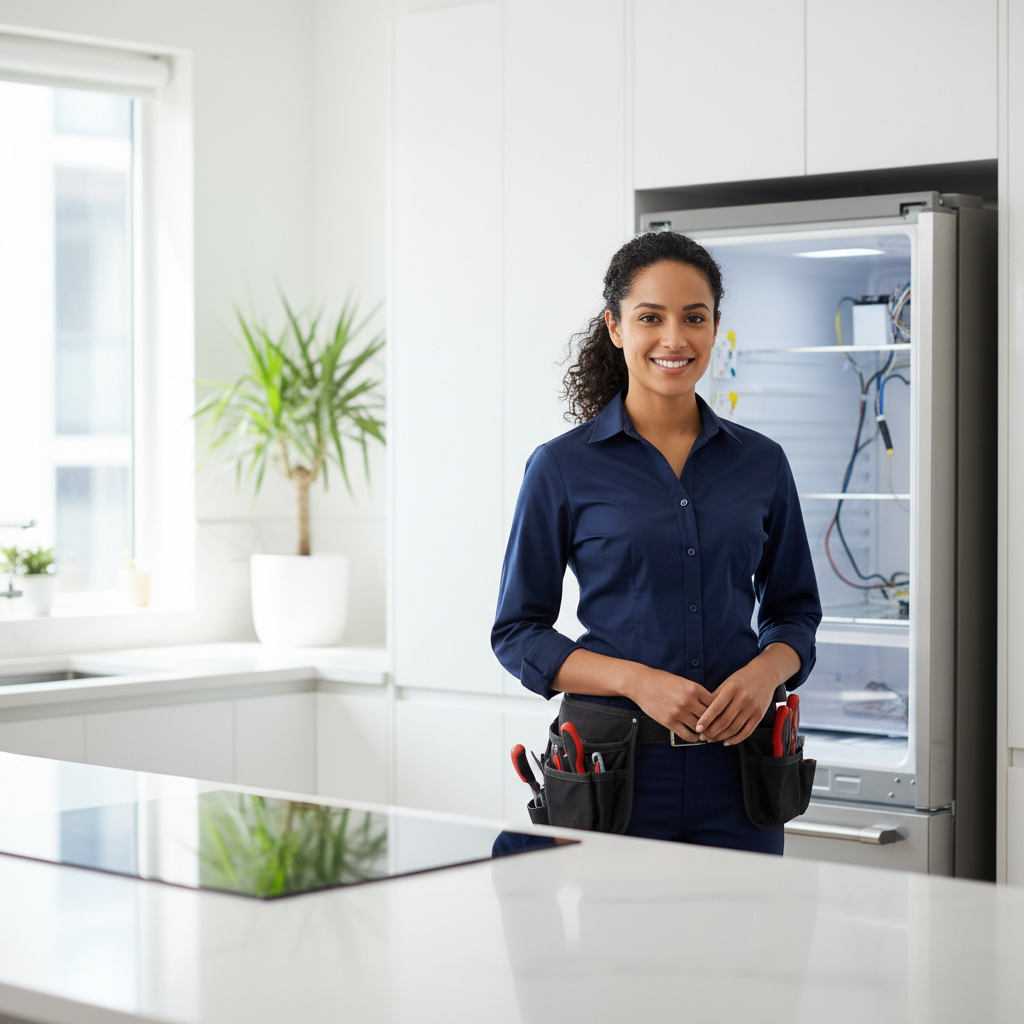 Professional appliance repair technician in a modern kitchen