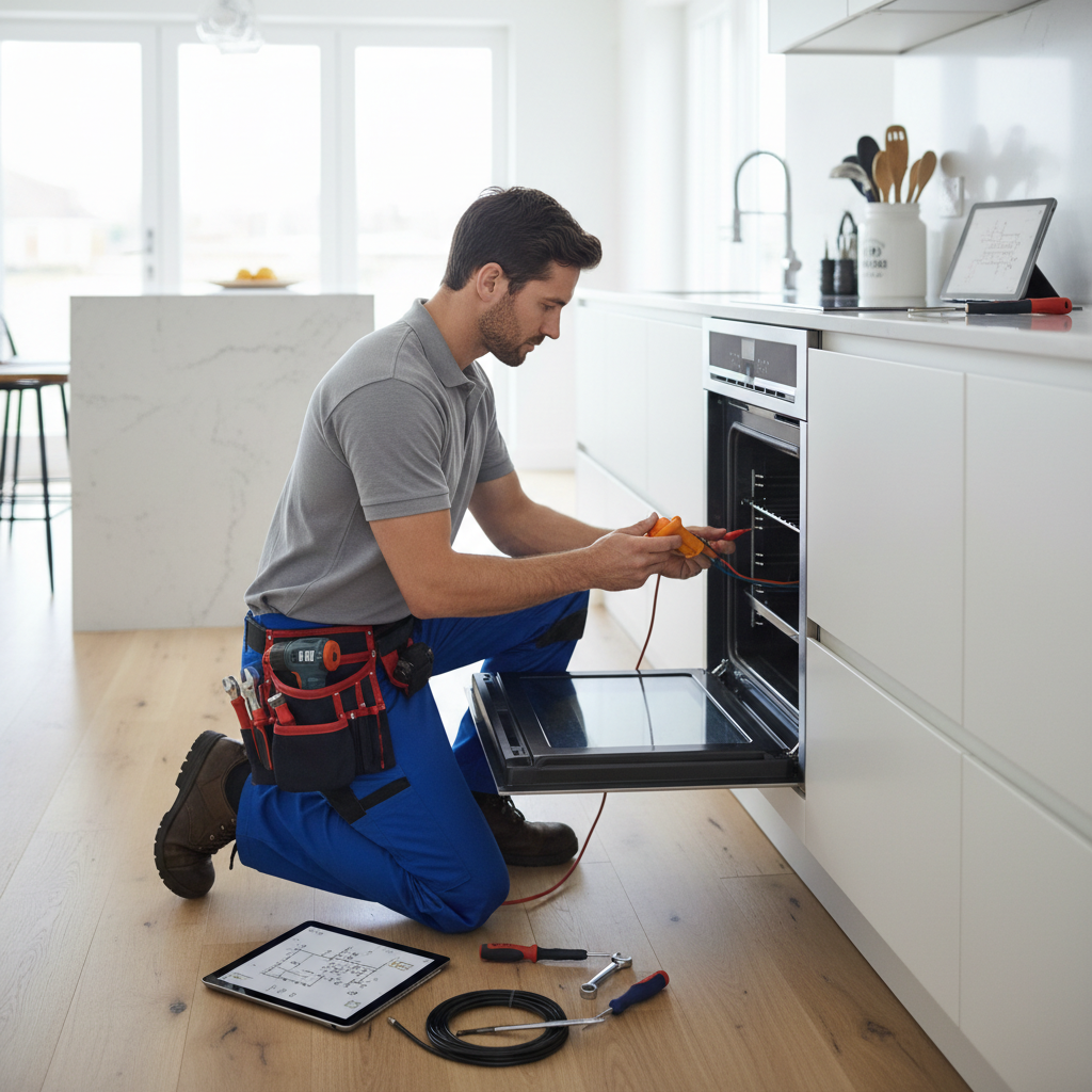 Technician repairing a built-in oven in a bright kitchen